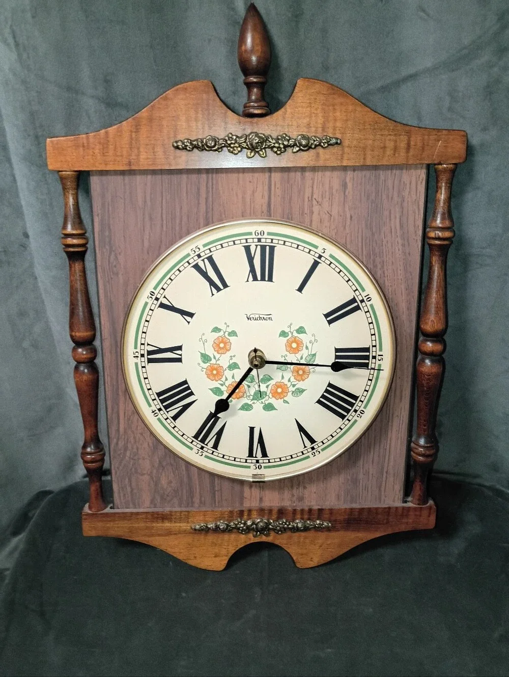 Vintage Verichron Cottagecore Wall Clock with Orange Floral Dial And Wood Case